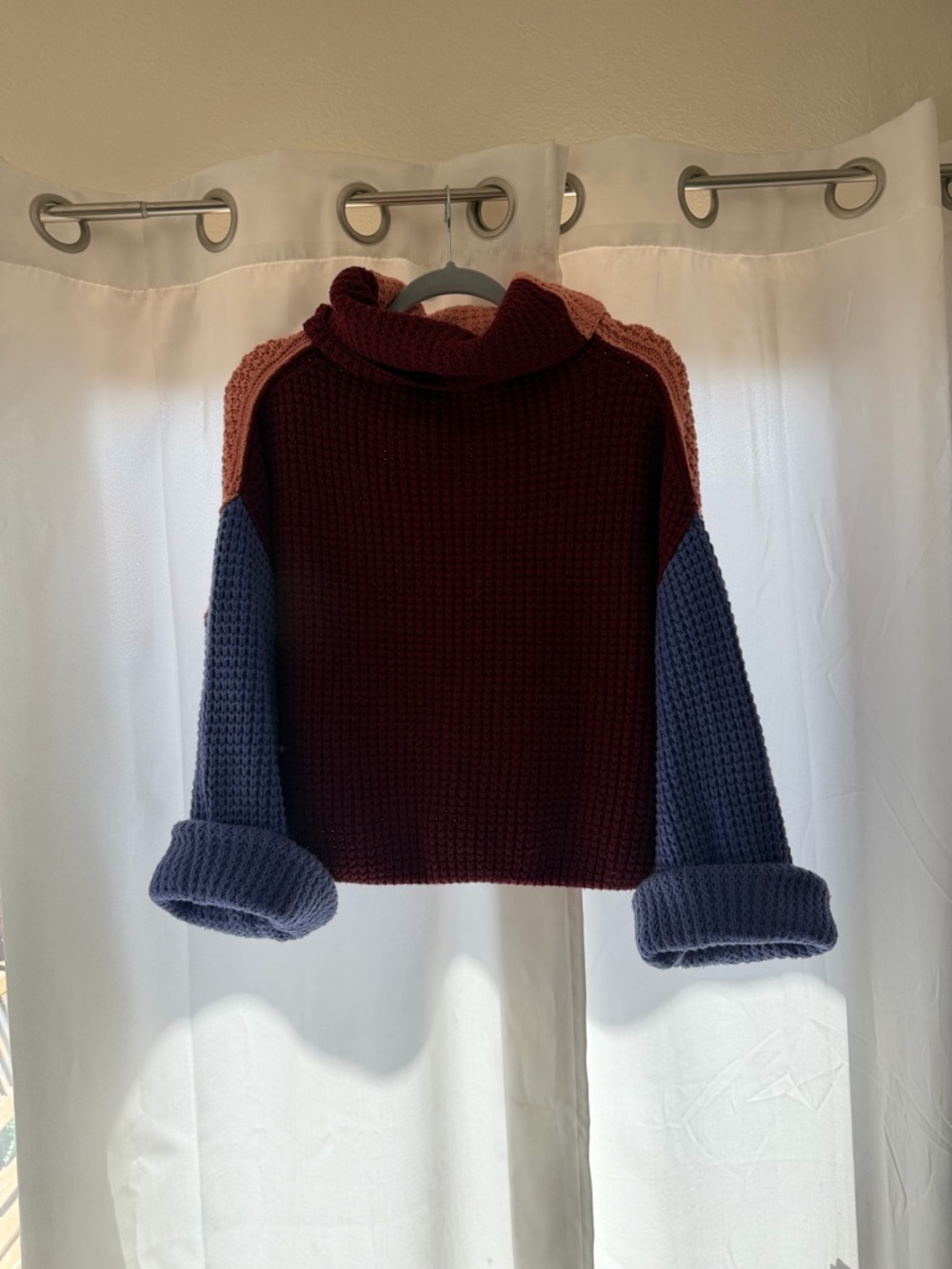 Free People Colorblock Cowlneck Sweater - Burgundy, Blue & Pink